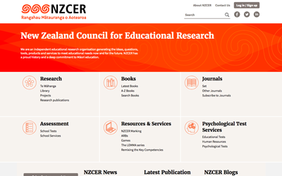 A website design for NZCER highlighting different categories of the website