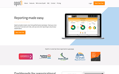 The website headline reads 'Reporting made easy' and highlights some of the products clients including NZ local councils