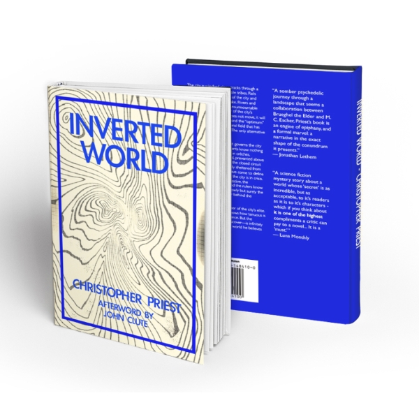 Inverted World Book Design A mock up of a book design. The front cover shows distorted map lines against a white background, with a bold blue inset border. The title reads