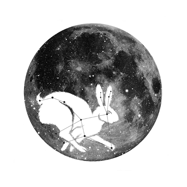Lupus Tattoo Design A white rabbit, overlaid with the Lupus star constellation, sits on top of a black and white photo of the moon