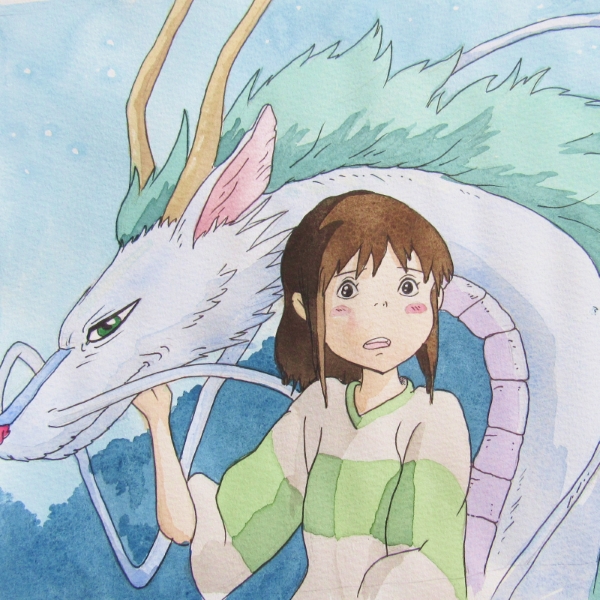 Spirited Away watercolour painting A watercolour painting of a scene from the Studio Ghibli movie Spirited Away. The scene features the main character Sen, in front of the dragon Haku