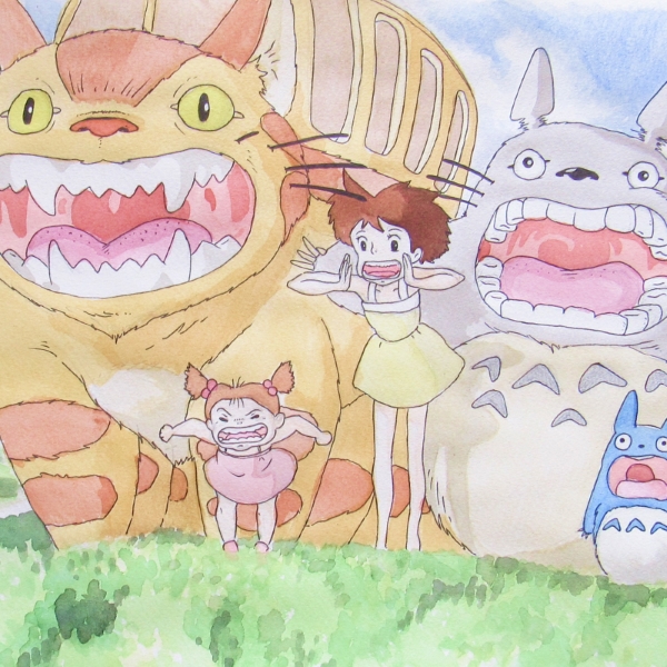 Totoro watercolour painting A watercolour painting of a scene from the Studio Ghibli movie My Neighbour Totoro. The scene features two young girls in front of several magical Totoro cat creatures, all yelling at something behind the viewer
