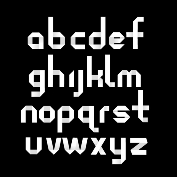 Folded origami typeface design the alphabet, in lowercase, in an origami style font. The letters are white against a black background. Each letter is formed by folded paper.